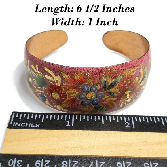 Vintage Floral Enamel Over Copper Cuff Bracelet , Floral Design Gold Trim, 1960 - Picture 6 of 10